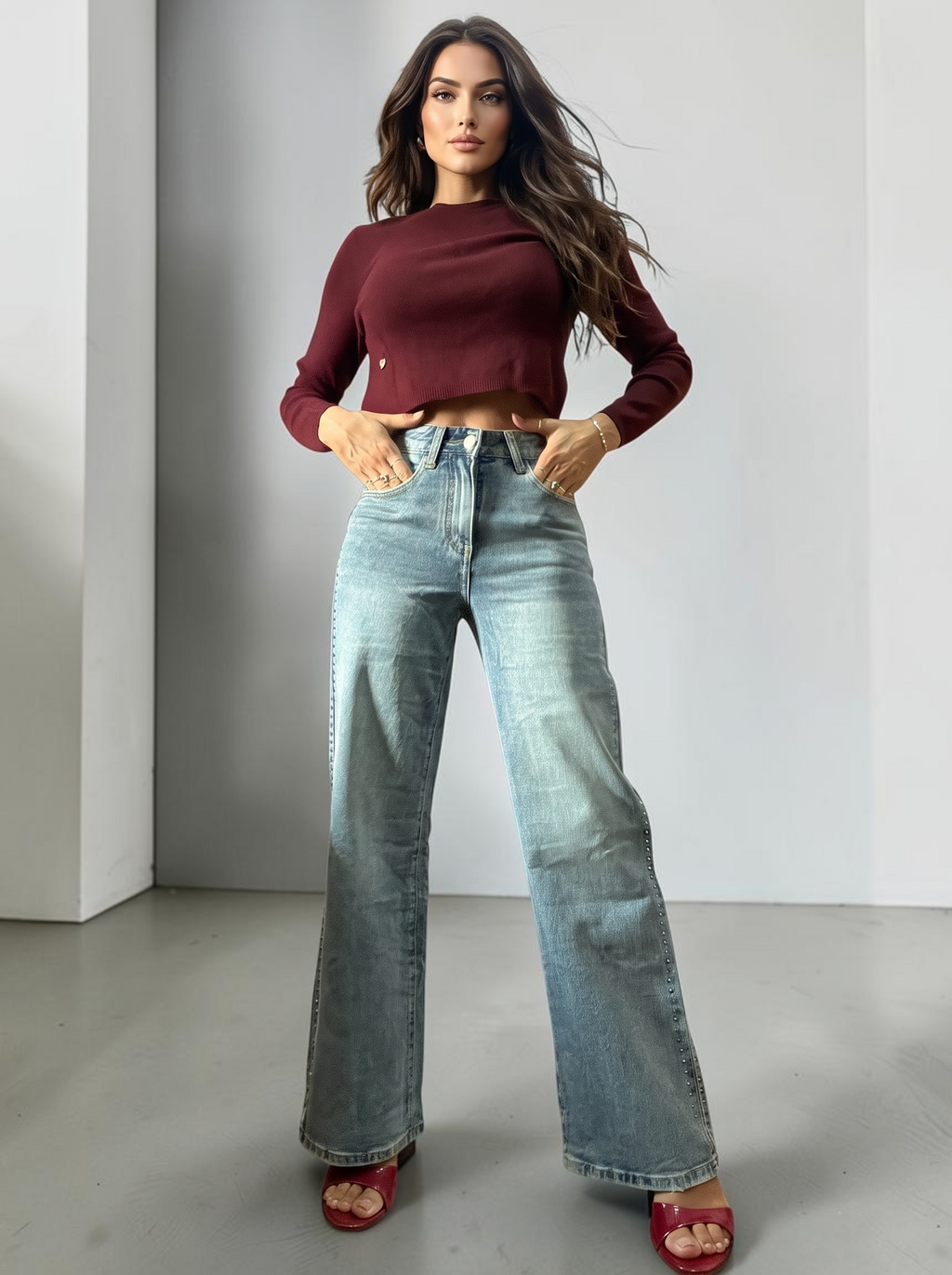 Pantaloni Jeans con borchie laterali a Gamba Larga