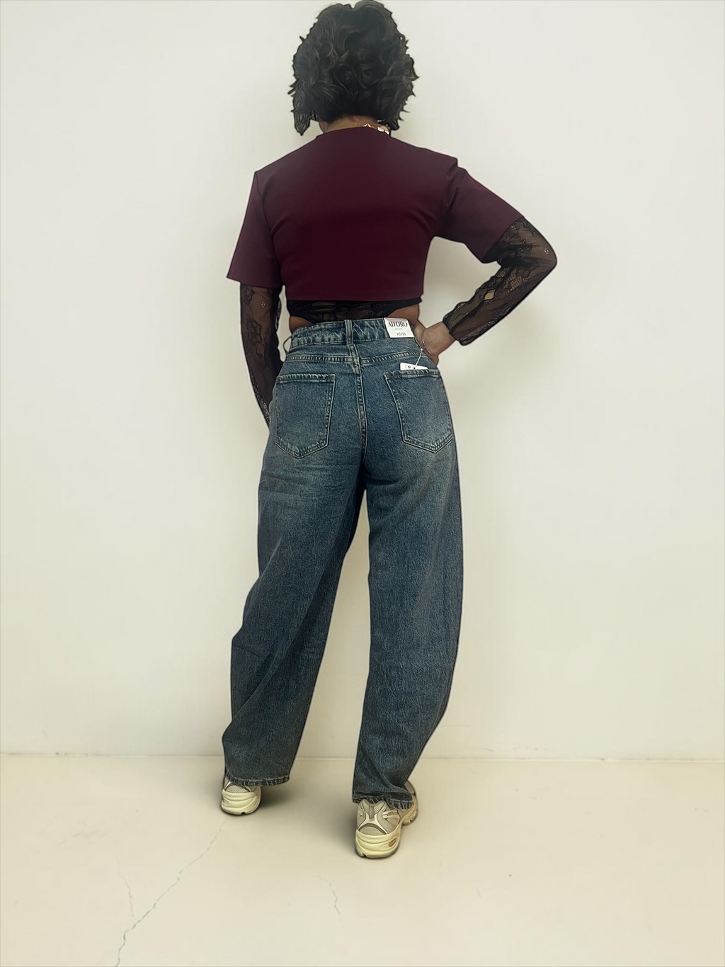Pantaloni Jeans A Gamba Larga Con Vita Incrociata